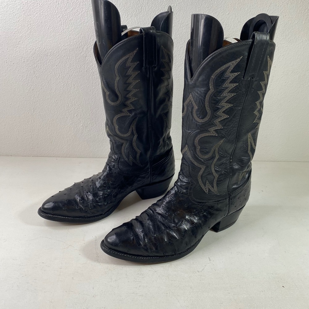 Tony Lama Black Full Quill Ostrich Leather Cowboy Boots Mens 10.5D Pointed Toe